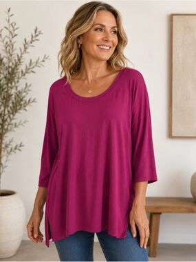 J. Jill Scoop Neck 3/4 Sleeve Top Wearever Collection - Berry-Size 2X